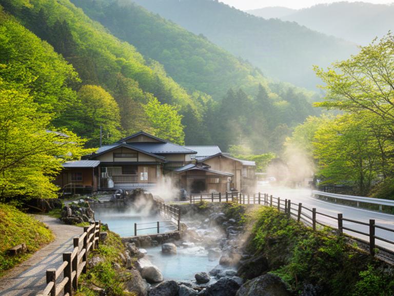 筑豊の山あいにある温泉地と新緑の風景