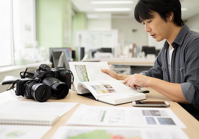 筑豊地域のニュース取材に向かう記者が地域資料を確認する明るい編集室