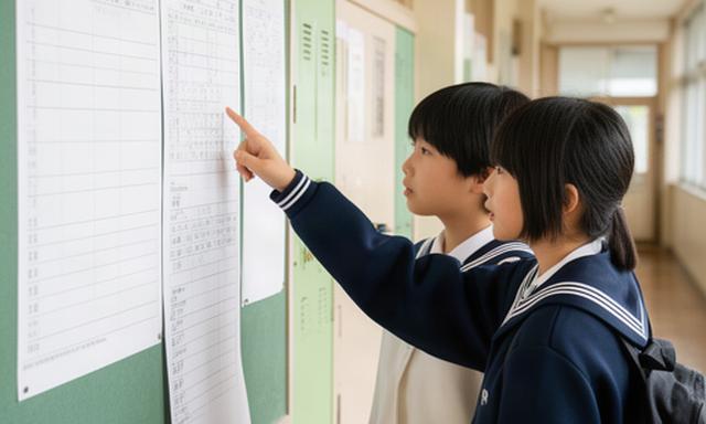 筑豊地域の中学生が学校の掲示板で高校入試日程を確認する様子