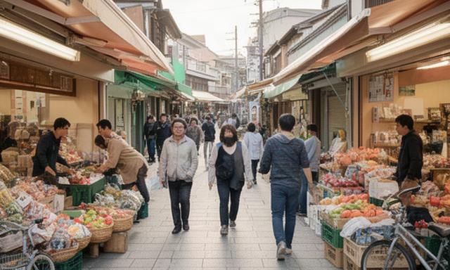 飯塚市の商店街で営業する店舗と歩行者、地域の催しを取材した様子