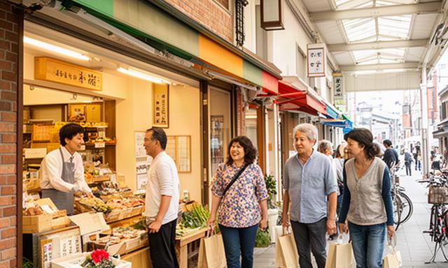飯塚の商店街で営業する店舗と買い物をする地域住民
