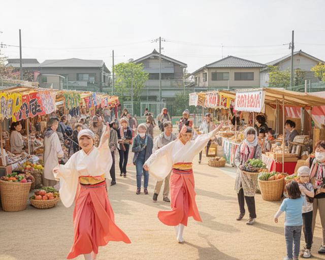 糸田町の広場で地域の踊りと屋台を楽しむ春まつりの風景