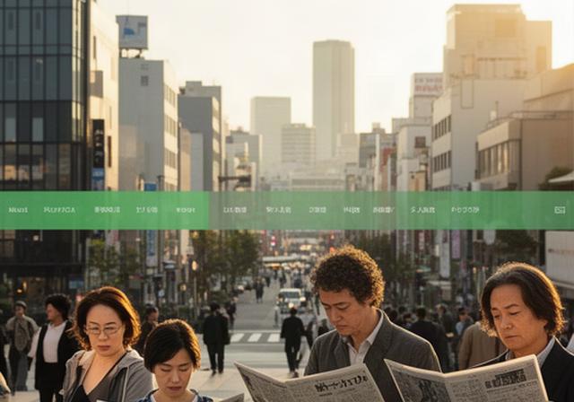 福岡市の街並みと新聞を読む人々を朝の光で捉えたニュース風景