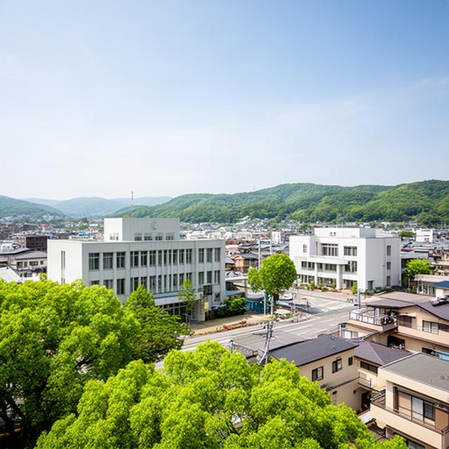 筑豊地域の自治体庁舎と議会棟を見渡す初夏の街並み