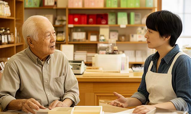 田川の老舗店舗で事業承継について話す店主と後継者