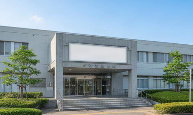 田川市役所の正面玄関と青空、自治体の発表を取材する地域ニュースの風景