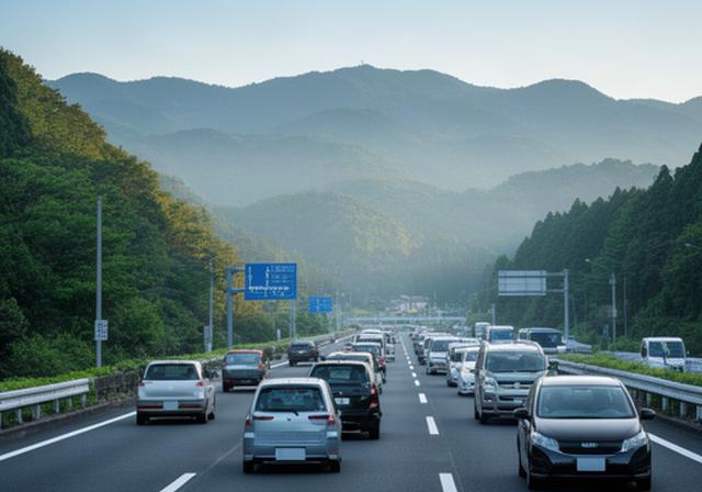 朝の筑豊バイパスを走る車列と道路標識、遠くに見える山並み